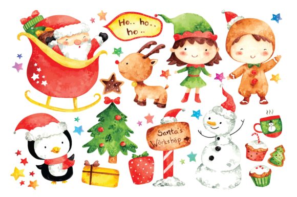 Christmas Cartoon Character Watercolor Illustrations