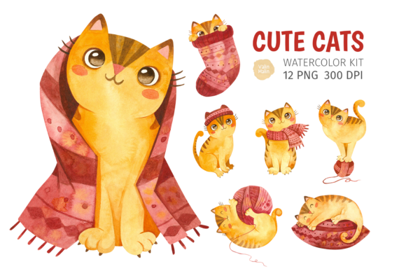 Christmas Cats Watercolor Clipart for Handmade Creations