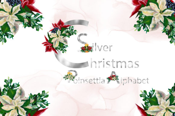 Christmas Silver Poinsettia Alphabet Illustrations